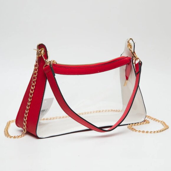 RED Clear Satchel Bag with Chain Strap Transparent Purse with Gold Hardware - Picture 1 of 8